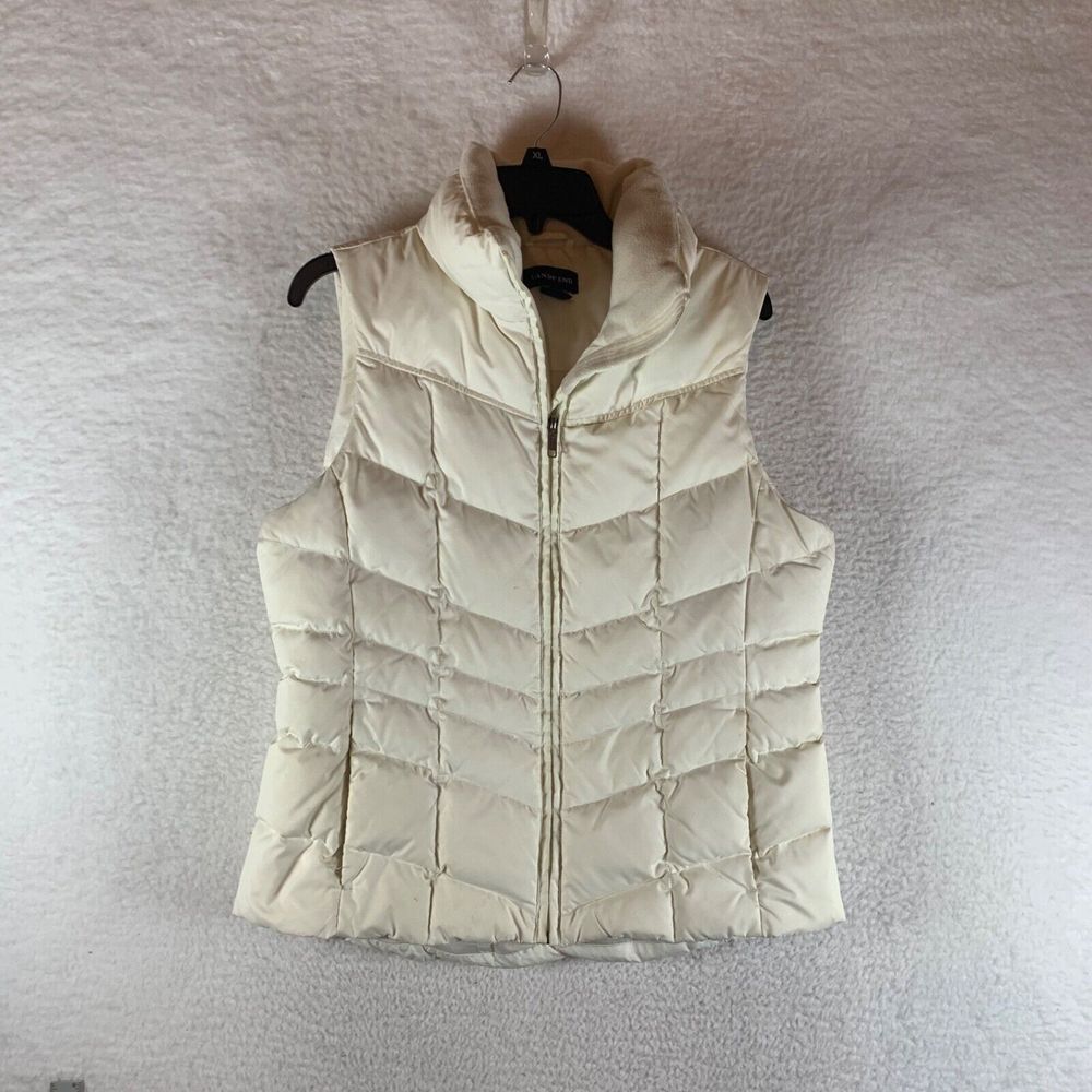 Lands' End Women's Full Zip Quilted White Down Feather Vest Puffer Jacket Size M